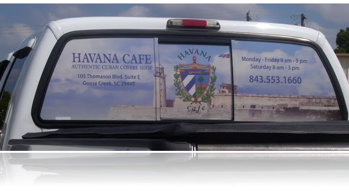 picture of perforated vinyl graphics on a rear truck window